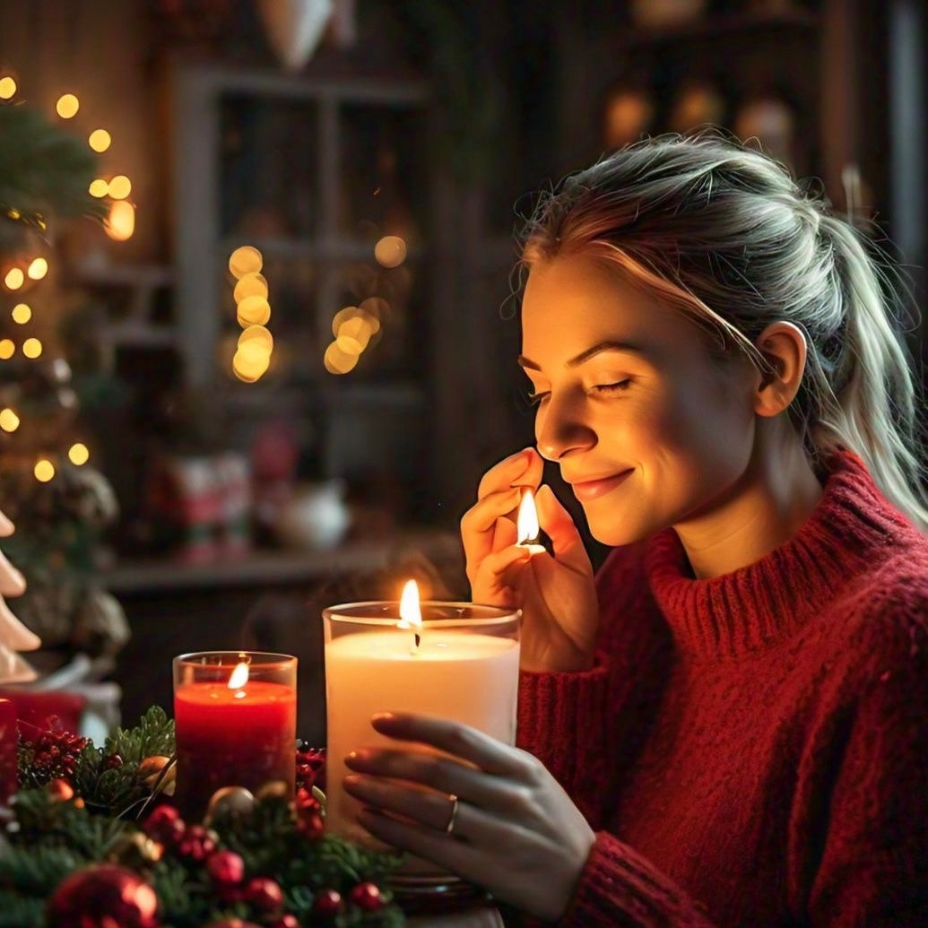 Woman in a red sweater smelling a candle in front of a Christmas tree